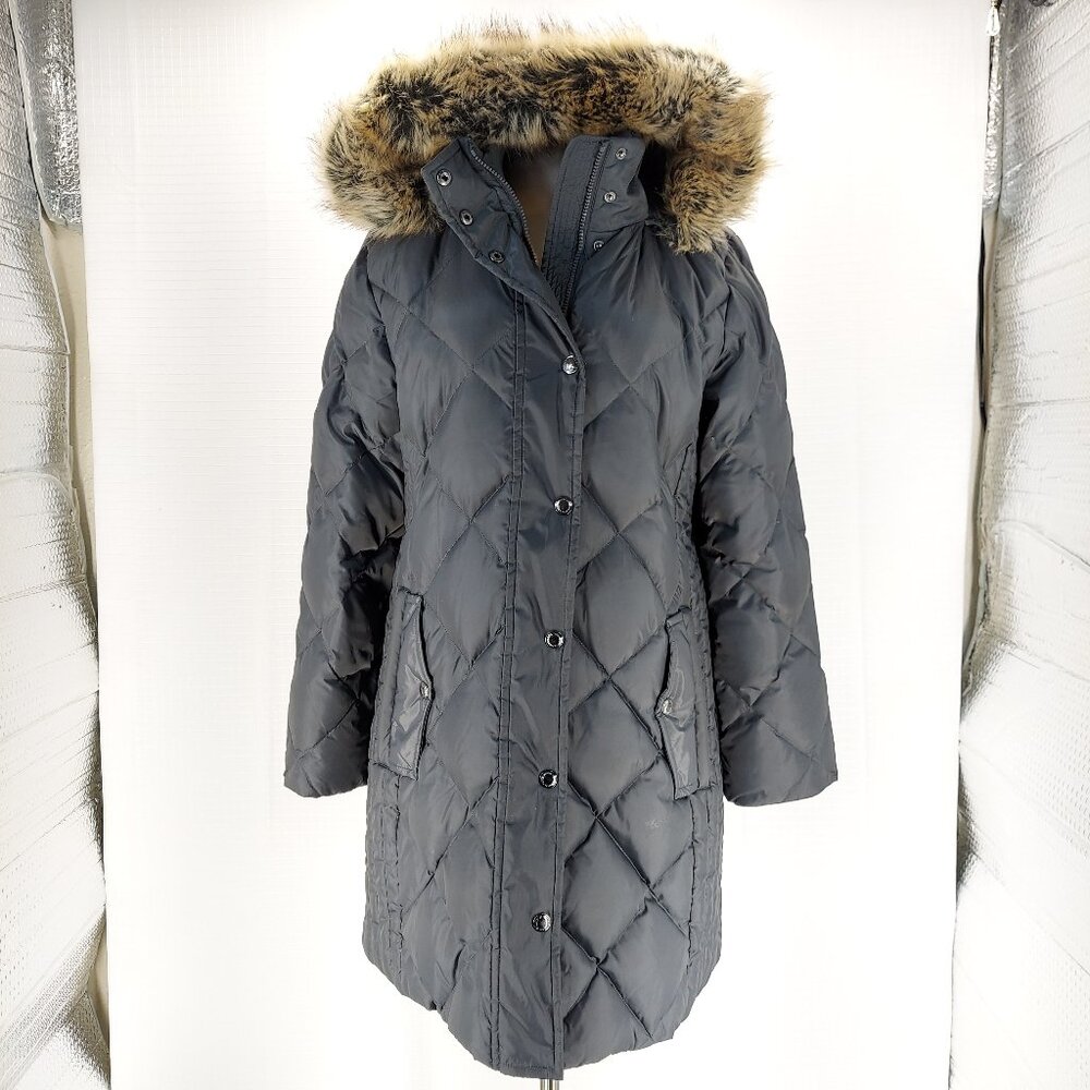 London Fog Faux-Fur Hood Diamond Quilt Puffer Down Jacket